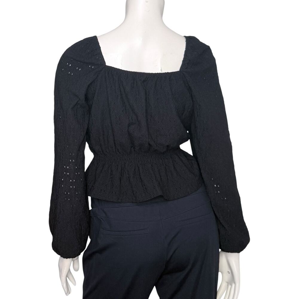 SO Black Eyelet Smocked Square Neck Peplum Top with Lantern Sleeves - Picture 2 of 5